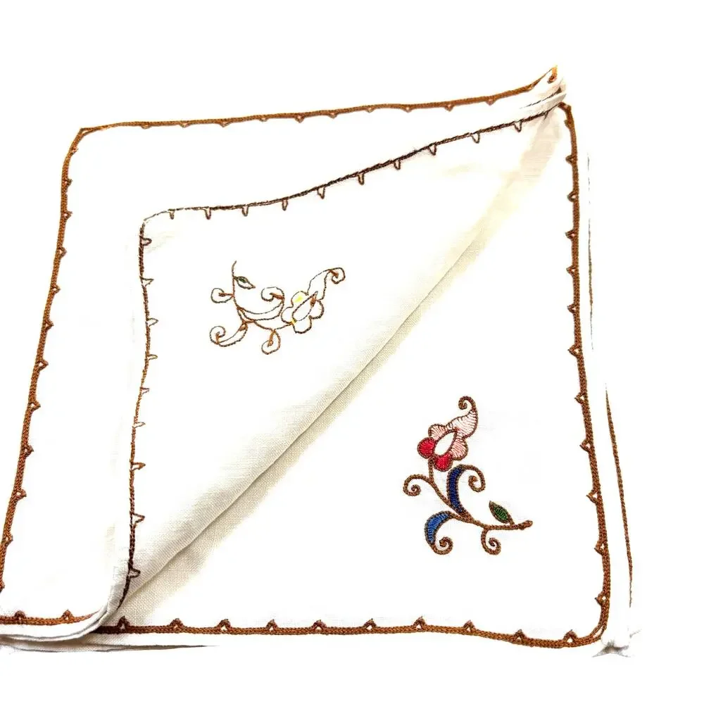 Vintage cocktail napkins (6) cream linen blend squares small floral embroidery